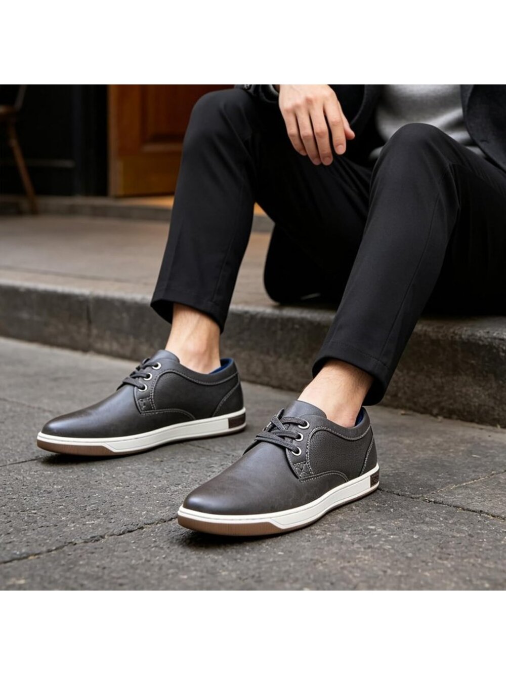 Men's Grey Coated Leather Comfortable Business Sneakers Casual Shoes